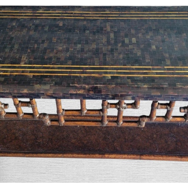 Wood Vintage Chinese Chippendale Lexington Tortoiseshell Bronze Black Extra Long Tessellated Top Console Sofa Table For Sale - Image 7 of 15