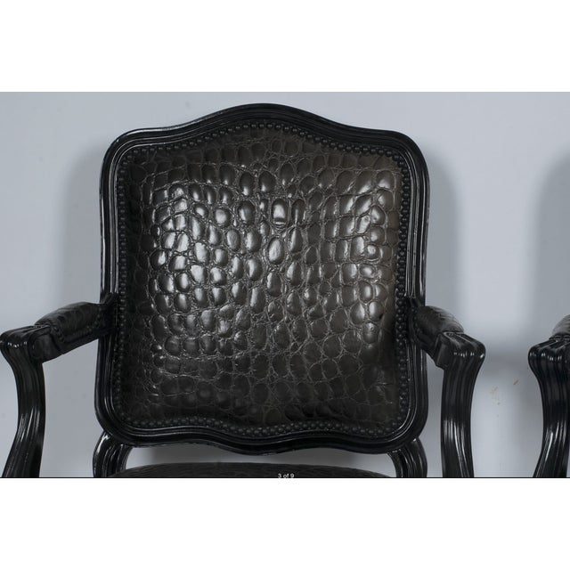 Black Faux Crocodile & Glossy Black Louis XV Style Armchairs — A Pair For Sale - Image 9 of 10