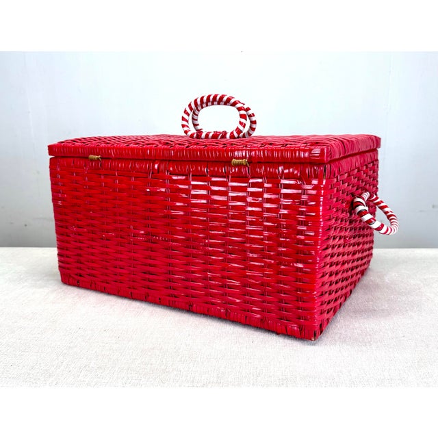 Red Vintage 1970’s Red & White Woven Plastic Picnic Basket For Sale - Image 8 of 11