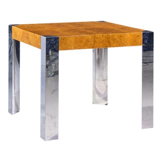 Milo Baughman Style Mid Century Chrome and Burlwood Dining Table For Sale