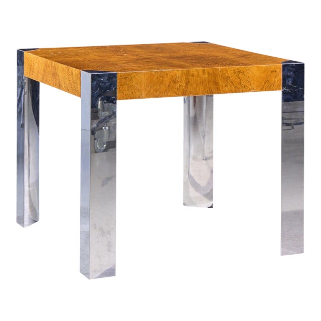 Milo Baughman Style Mid Century Chrome and Burlwood Dining Table For Sale