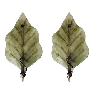 Myran Allan Luxury Lighting Murano Green Art Glass Leaf Wall Sconces Pair For Sale