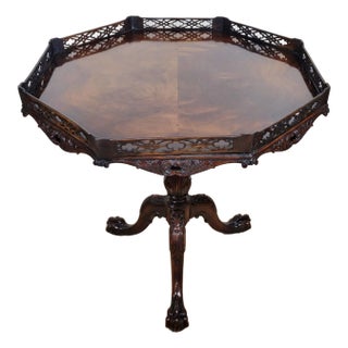 Vintage English Chippendale Style Flamed Mahogany Open Fretwork Tilt-Top Table For Sale