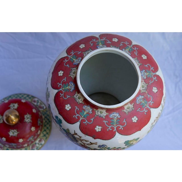 Red Vintage Fuchsia, White & Green Ginger Jar Vase With Lid For Sale - Image 8 of 12