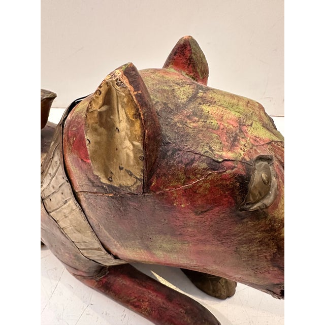Tribal Hand-Carved Wooden Feline Sculpture With Metal Detailing For Sale - Image 3 of 12