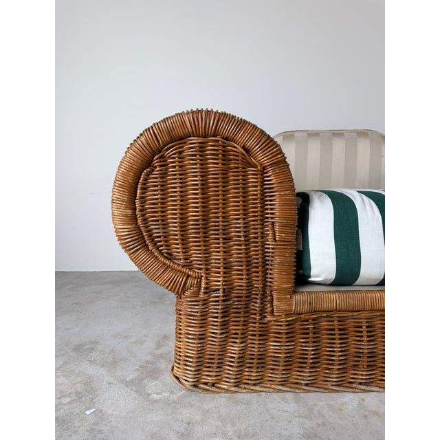 Green 1970s Vintage Coastal Organic - Rattan Armchair With Rolled Arms & Striped Cushions For Sale - Image 8 of 15
