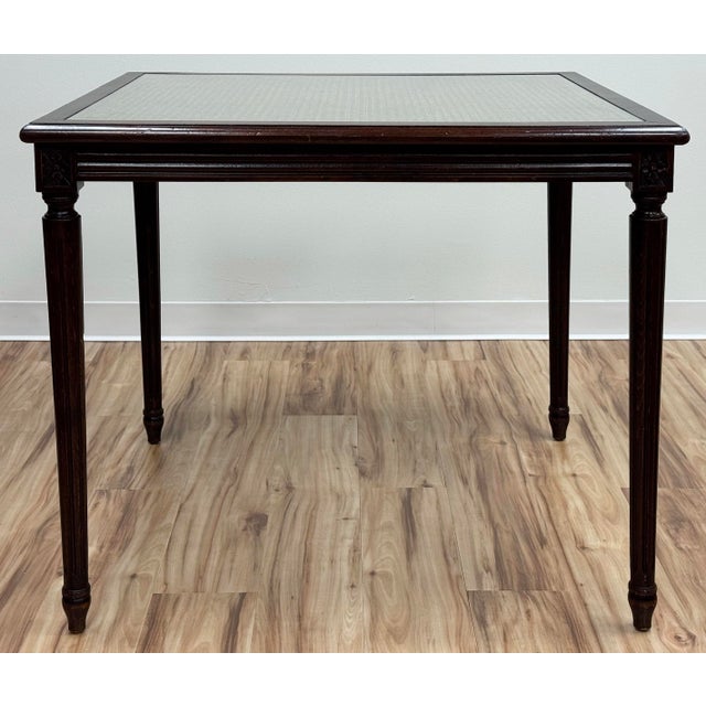 French Vintage Carved Wood Caned Game Table With Inset Glass Top For Sale - Image 3 of 11