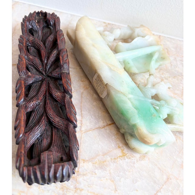 Antique Chinese Qing Heavy Jadeite Jade Boat Smooth Sailing Figurines W/ Stand For Sale - Image 9 of 12