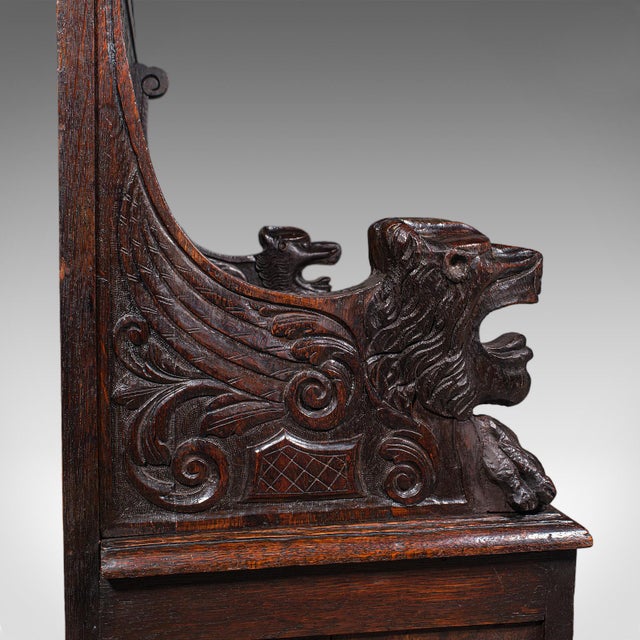 Antique Baronial Settle, Scottish, Carved Oak, Reception Hall Bench, Victorian For Sale - Image 10 of 12