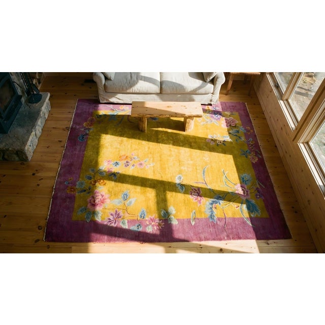 1920s Yellow Canary Floral Antique Chinese Art Deco Carpet 8' 10'' X 11' 4'' Knotted Wool Rug For Sale - Image 14 of 15