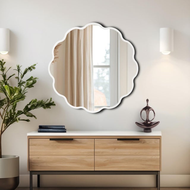 Kushi Round Scalloped Edge Mirror in Glossy White For Sale - Image 9 of 9