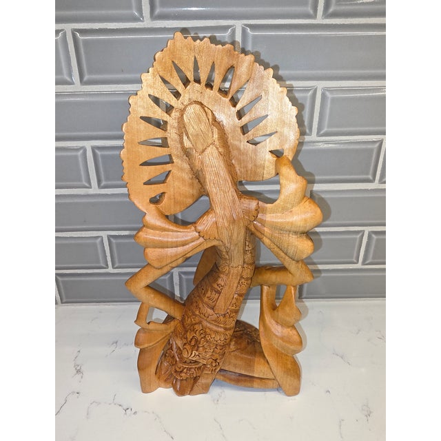 Mid-Century Balinese Art Deco Seated Janger Dancer With Fan Sculpture For Sale - Image 4 of 10