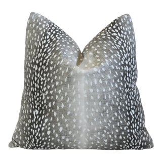 Silvery Gray Charcoal Antelope Print Linen & Velvet Feather/Down Pillow For Sale