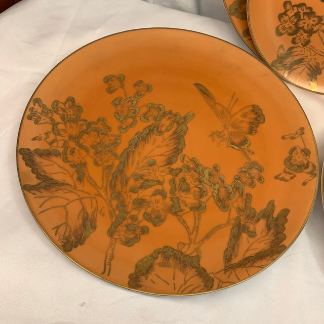 Dorothy Thorpe Mid 20th Century Chinoiserie Dorothy C. Thorpe "Persimmon" Orange & Gold Butterfly Plates - Set of 10 For Sale - Image 4 of 7