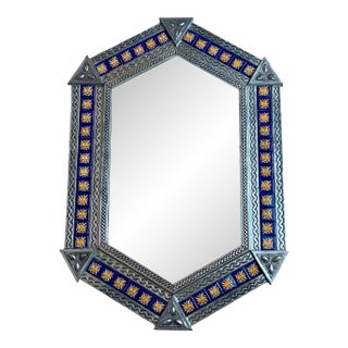 Mexican Punched Tin Talavera Tile Mirror 19x28” For Sale