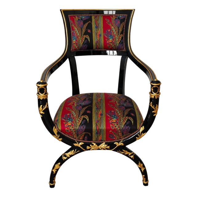 Italian Black Lacquer and Gilt Armchair with Floral Cotton Satin Upholstery, 1980s For Sale