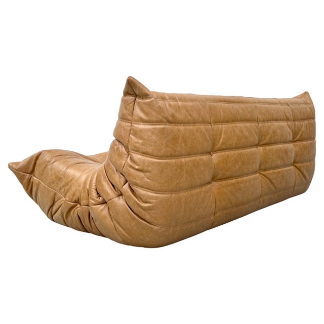 French 3-Seater Togo Sofa in Dark Camel Leather attributed to Michel Ducaroy for Ligne Roset For Sale - Image 9 of 11