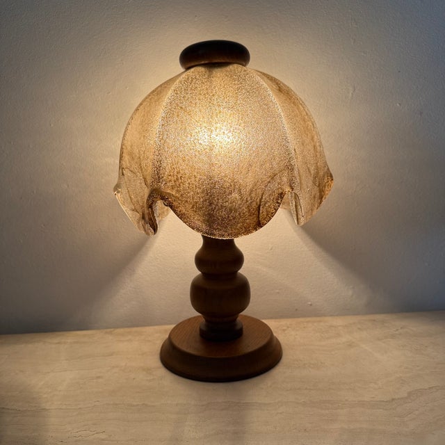 Vintage Brutalist Glass Table Lamp with Oak Wooden Base, 1970s For Sale - Image 15 of 18