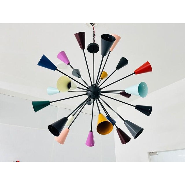 Mid-Century Modern Mid Century Modern Multicolor Sputnik Chandelier, Large Colorful Cone Shade Pendant Light, Stilnovo Style Ceiling Fixture For Sale - Image 3 of 8