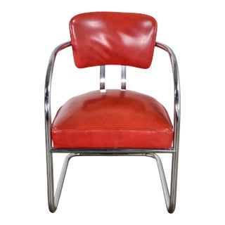 Art Deco Streamline Modern Bauhaus Accent Chair Cantilever Chrome & Red Vinyl Attributed to Kem Weber for Lloyd’s Manufacturing For Sale