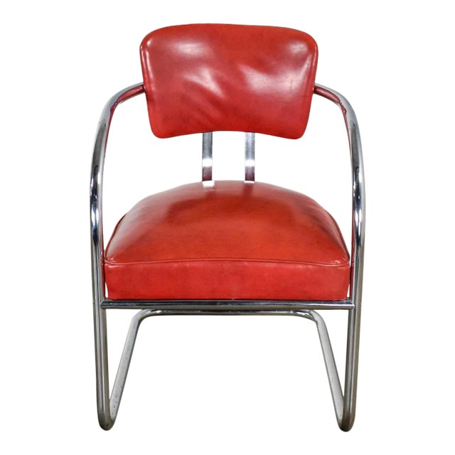 Art Deco Streamline Modern Bauhaus Accent Chair Cantilever Chrome & Red Vinyl Attributed to Kem Weber for Lloyd’s Manufacturing For Sale