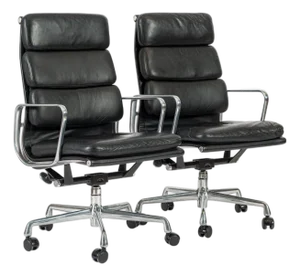 Pair 2001 Authentic Eames Herman Miller Tall Black Leather Office Chairs