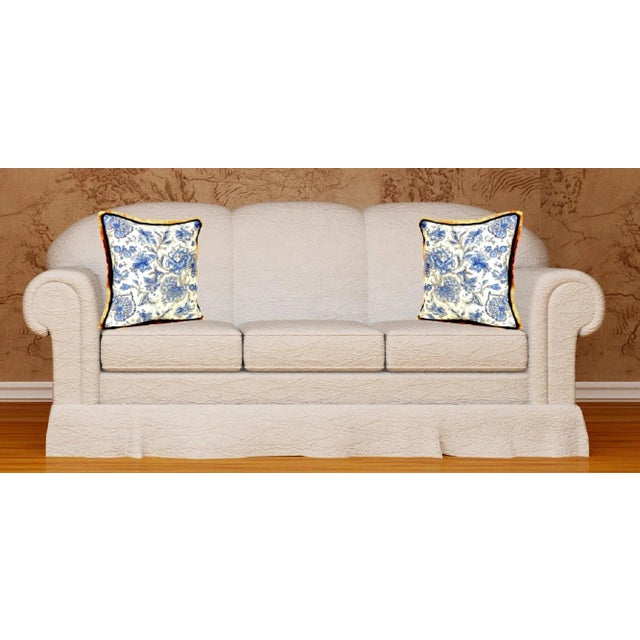 Tucker 18th Century French Blue Floral Linen Fringe Pillow With Piping For Sale - Image 4 of 12