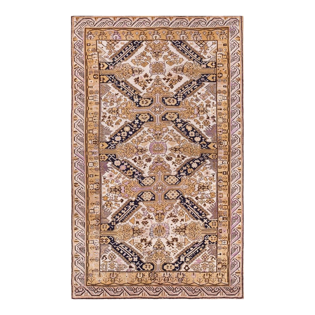 1930s Ivory Black Medallion Antique Caucasian Zeychor Rug 3'9" X 6'6" Handknotted Wool Carpet For Sale