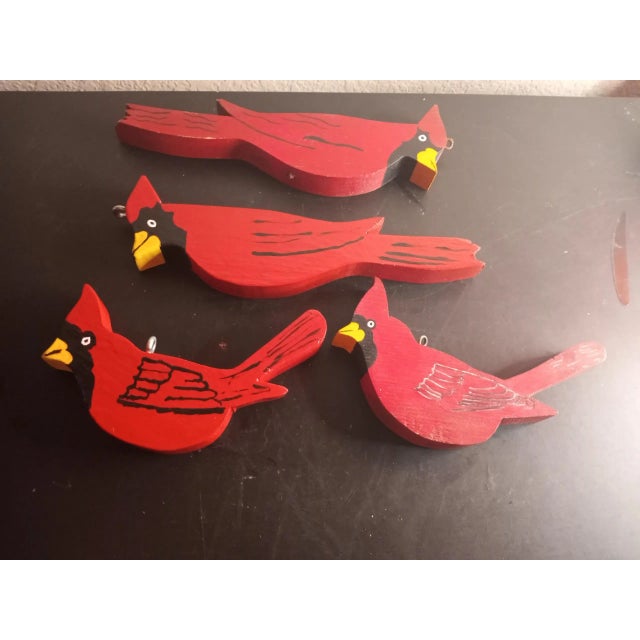 These are GORGEOUS Handcarved Wooden Red Cardinal Christmas Ornaments Set of 4. Large 7" Small 5" Procured at auction BOX...