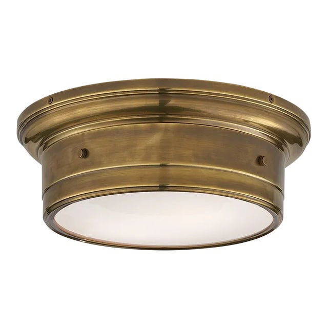 Visual Comfort Signature Siena Small Flush Mount in Hand-Rubbed Antique Brass with White Glass For Sale
