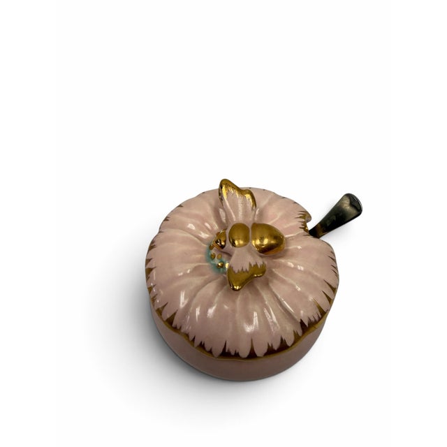 Vintage 1950s Vallona Starr California Pottery Pink & Gold Condiment Jar and Leaf Tray Set For Sale In West Palm - Image 6 of 7