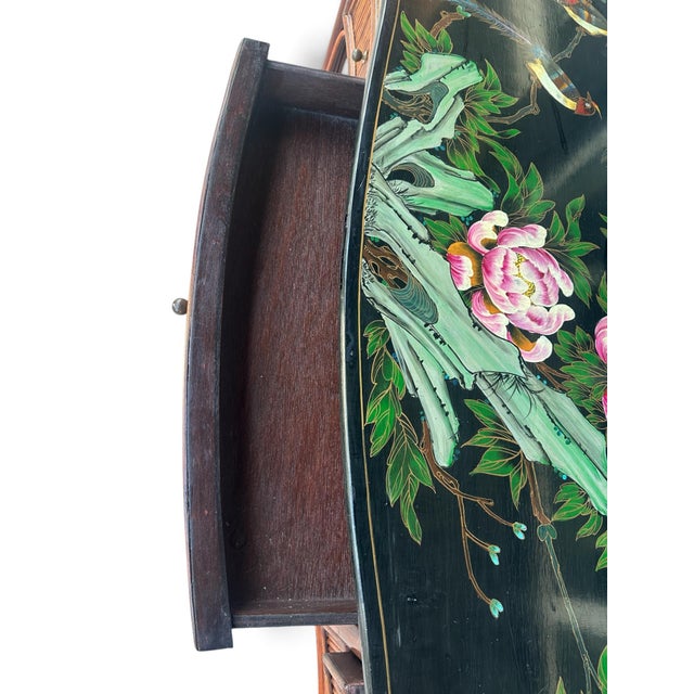 1970s Vintage Chinoiserie Bamboo & Rattan Console Desk With Hand-Painted Lacquer Top For Sale - Image 5 of 12
