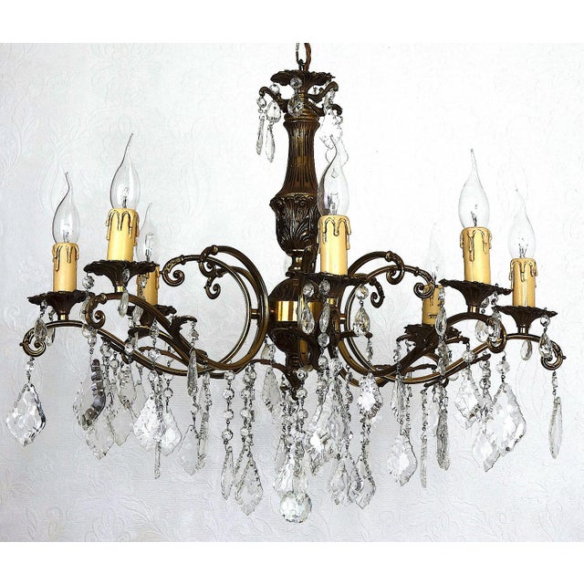 French Brass Crystal Eight-Light Chandelier, 1950s For Sale - Image 9 of 12