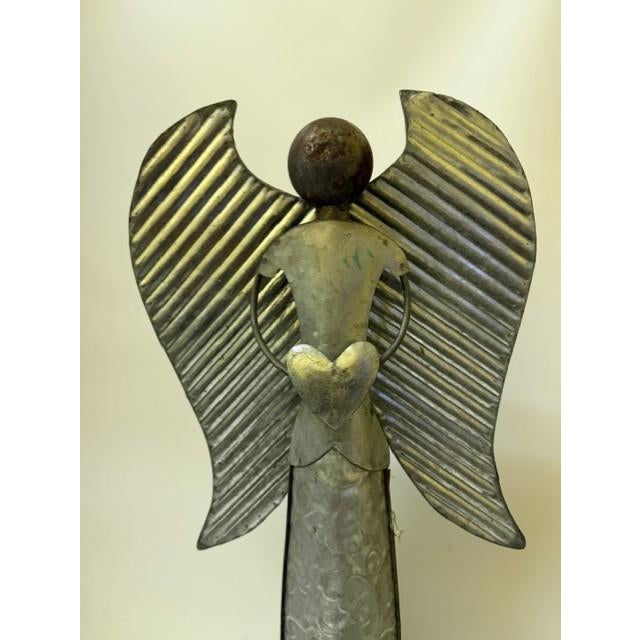 Large 21" Brutalist Folk Art Angel Candle Holder Lantern - Hand-Hammered Steel Drum For Sale In Boston - Image 6 of 15