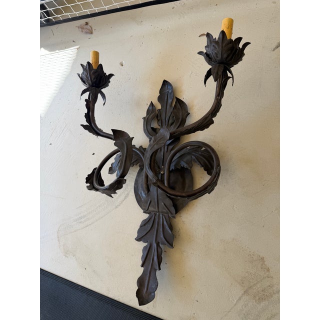 Metal 1990s 2 Light Iron Leaf Motif Sconce For Sale - Image 7 of 8