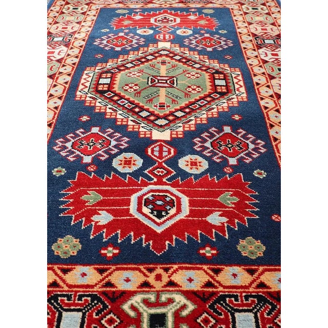 Traditional Geometric Vintage Caucasian Rug With Tribal Geometric Medallions in Blue and Red For Sale - Image 3 of 12