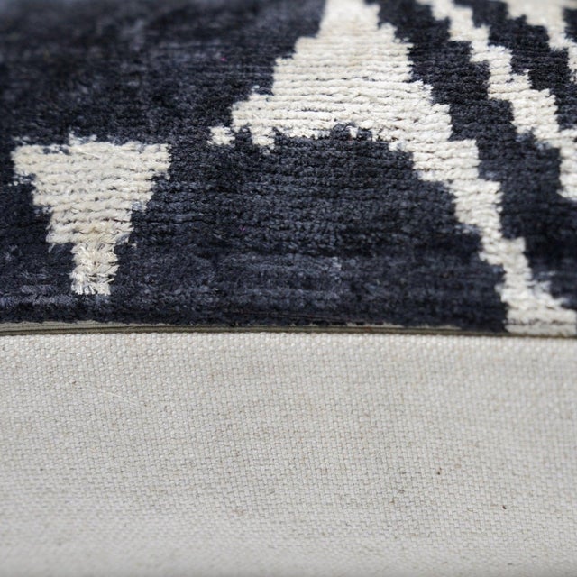 Mid-Century Modern Handmade Black & Ivory Velvet Pillow – 24x24" Silk Ikat Cushion For Sale - Image 3 of 9