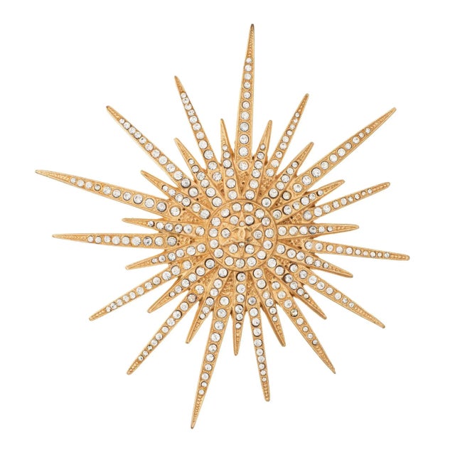 Chanel Vintage Chanel Starburst Brooch Pin c2001 Large Crystal Yellow Gold Tone For Sale - Image 4 of 4