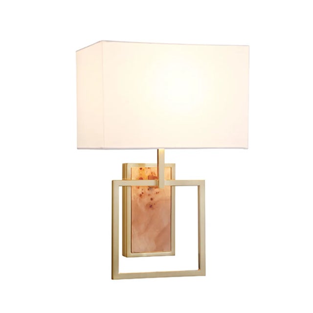FLUSHMOUNT SCONCE WITH RECTANGULAR BURL WOOD BACKPLATE AND OPEN BRUSHED BRASS SQUARE FRAME 18.75"H x 12"DIA Width:12.00"...
