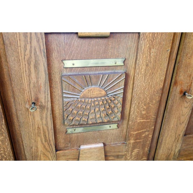 French Art Deco Oak and Brass Sideboard with Carved Reliefs, 1930s For Sale - Image 11 of 18