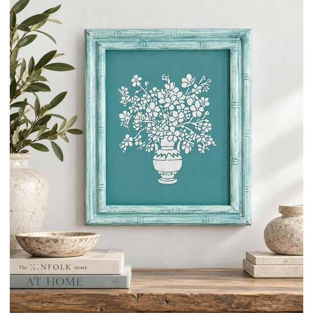 Contemporary floral painting with a primitive-inspired, naïve quality, featuring a simplified white botanical arrangement...