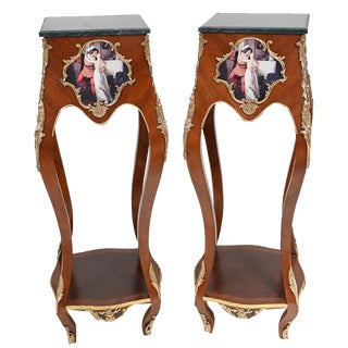 French Pedestal Stands Tables Vernis Martin Plaques, Set of 2 For Sale
