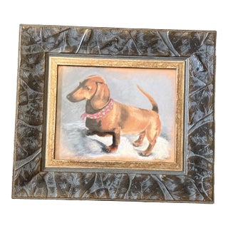 Contemporary Original Dachshund Dog Pastel Drawing by Paul Means Chunky Leaf Frame For Sale