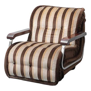 Brown Fabric Armchair with Wooden Armrests, 1970s For Sale