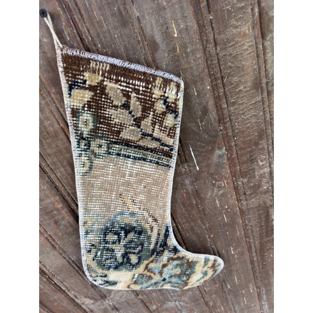 Vintage Turkish Hand-Knotted Wool Rug Christmas Stocking in Brown & Navy Medallion For Sale - Image 4 of 8