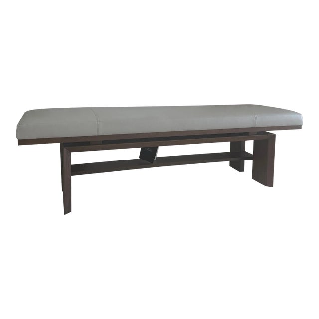 Barbara Barry for Baker New Bench Press in Gray Faux Leather, Antique Brass and Walnut For Sale