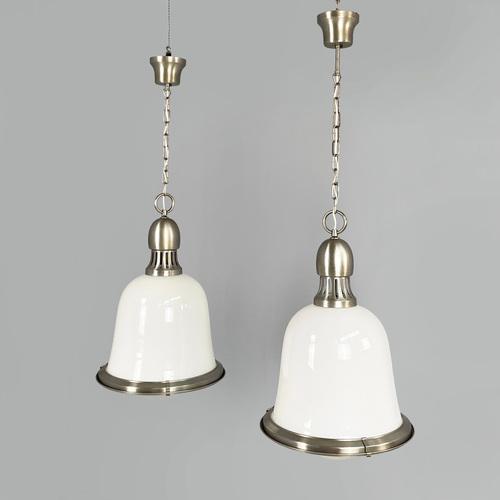 Mid-Century Italian Modern Hanging Lights in Opaline Glass and Metal, 1960s, Set of 2 For Sale - Image 3 of 16