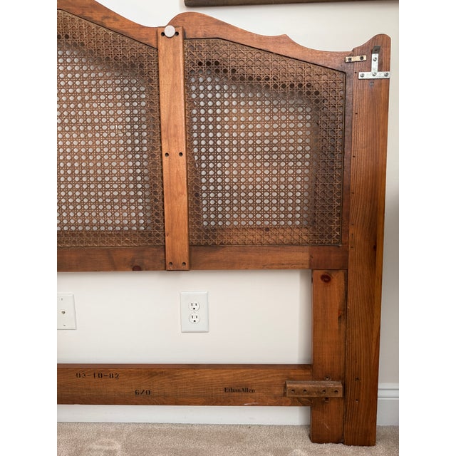 1980s Ethan Allen Chateau Normandy King Cane & Pine Bed Pediment Headboard For Sale - Image 9 of 12
