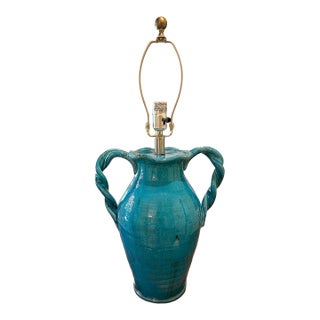 Contemporary Coastal Tuscan Style Glazed Handled Pottery Urn Lamp For Sale