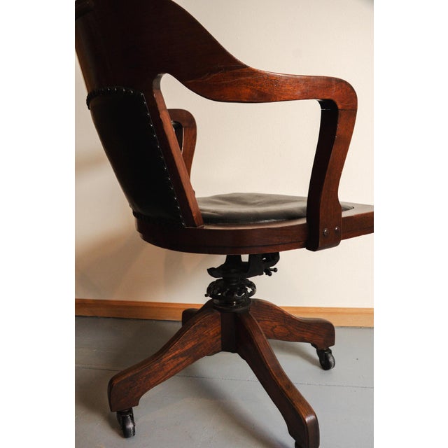 Brown Early 1900's H. Ehrlich & Sons Wood & Black Vinyl Rolling Swivel Office Lawyer's Chair For Sale - Image 8 of 16